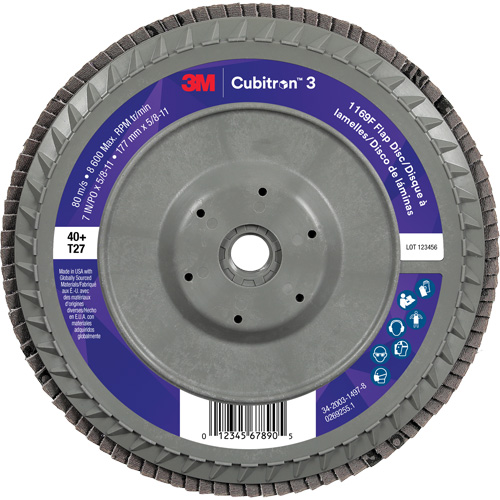 Disque &agrave; lamelles plate 1169F Cubitron 3 &agrave; changement rapide, 7" x 5/8"-11, Type T27, Grain 40+, C&eacute;ramique Distribution Industrielle GC