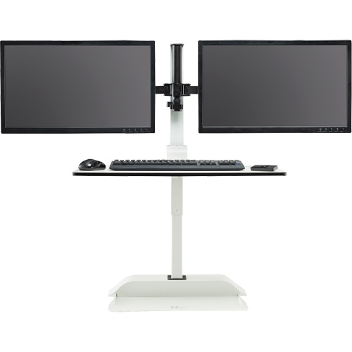 Bureau &eacute;lectrique assis/debout Soar avec bras d&eacute;cran double, Mod&egrave;le de bureau, 37-1/4" h x 27-3/4" la x 22" p, Blanc Distribution Industrielle GC