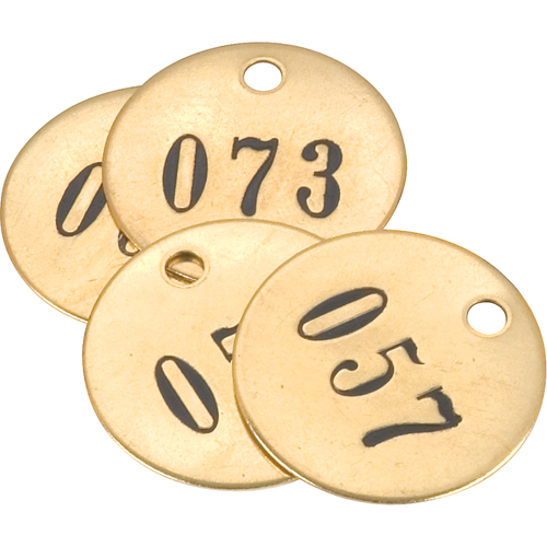 &eacute;tiquettes num&eacute;rot&eacute;es, # 001 - 025, Laiton, 1" dia. Distribution Industrielle GC