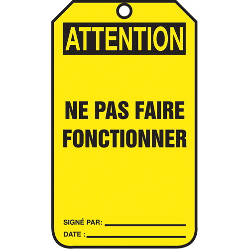 &eacute;tiquettes de verrouillage, Papier cartonn&eacute;, 3-1/8" la x 5-7/8" h, Français Distribution Industrielle GC