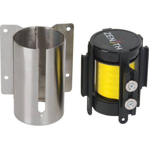 Barri&egrave;re &agrave; fixation murale avec ruban magn&eacute;tique, Acier, Fixation par vis, 7', Ruban Jaune Distribution Industrielle GC