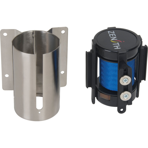 Barri&egrave;re &agrave; fixation murale avec ruban magn&eacute;tique, Acier, Fixation par vis, 7', Ruban Bleu Distribution Industrielle GC
