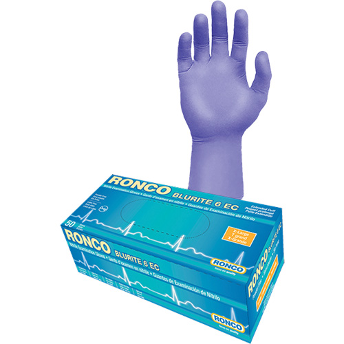 Gants d'examen &agrave; manchette allong&eacute;e Blurite 6 EC, Petit, Nitrile, 6 mils, Sans poudre, Mauve, Classe 2 Distribution Industrielle GC