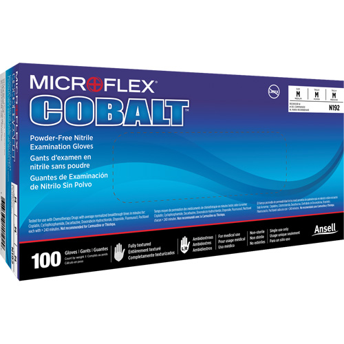 Gants d'examen d'usage multiple Microflex Cobalt N19, T-petit, Nitrile, 3,9 mils, Sans poudre, Bleu, Classe 2 Distribution Industrielle GC