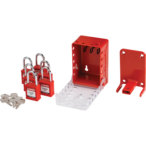 Boîte de cadenassage de groupe ultra compacte avec cadenas de s&eacute;curit&eacute; en nylon, Rouge Distribution Industrielle GC