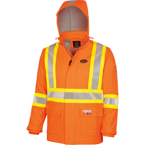 5884 Manteau imperm&eacute;able ignifuge et r&eacute;sistant aux arcs &eacute;lectriques avec capuchon Flash-Gard, Petit, Orange haute visibilit&eacute;, 51 cal/cm² Distribution Industrielle GC
