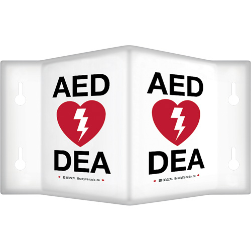 Enseigne &agrave; projection sur 90°  AED/ DEA , 6" x 5", Plastique, Bilingue avec pictogramme Distribution Industrielle GC
