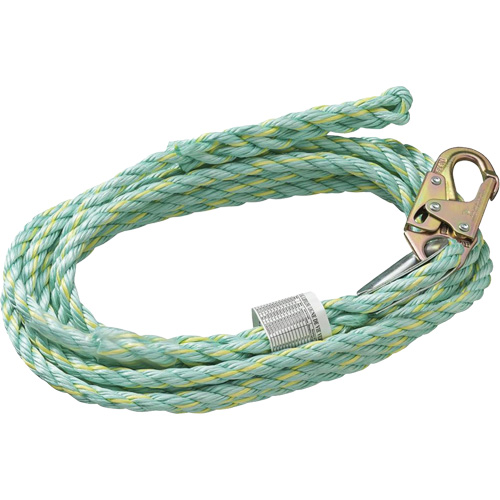 VL-1125-100 Cordage de s&eacute;curit&eacute; vertical avec mousqueton d'ancrage &agrave; une extr&eacute;mit&eacute; & &eacute;clisse dorsale d'extr&eacute;mit&eacute; &agrave; la traîne, Copolym&egrave;re Distribution Industrielle GC