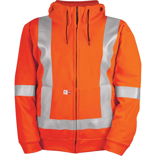 Chandail haute visibilit&eacute; &agrave; fermeture &eacute;clair sur le devant, r&eacute;sistant au vent, avec capuchon amovible, Hommes, 2T-Grand, Orange haute visibilit&eacute;, 27,7 cal/cm² Distribution Industrielle GC