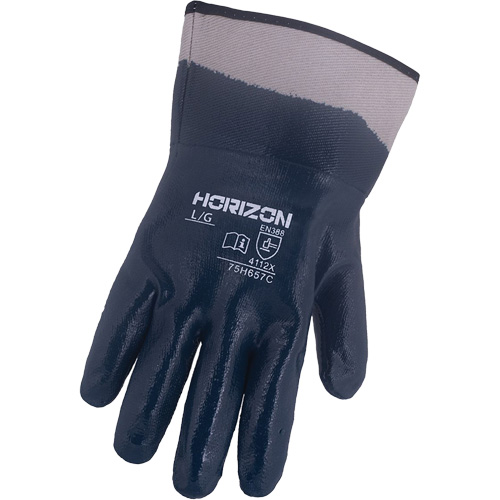 Gants bleu marine avec manchettes renforc&eacute;es &agrave; entoilage coll&eacute; Horizon, 2T-Grand, R&ecirc;vetement Nitrile, Enveloppe en Jersey/Coton Distribution Industrielle GC