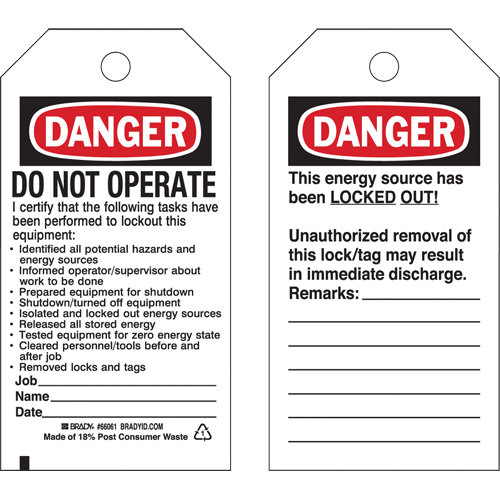 &eacute;tiquettes de verrouillage, Plastique, 3" la x 5-3/4" h, Anglais Distribution Industrielle GC