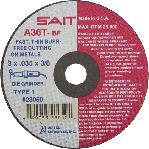 Cut-Off Wheel (A36T), 3" x 0.035", 3/8" Arbor, Type 27, Aluminum Oxide, 25000 RPM Distribution Industrielle GC