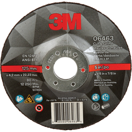 Meule &agrave; tronçonner, 5" x 1/8", Arbre de 7/8", Type 27, C&eacute;ramique Distribution Industrielle GC