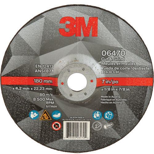 Meule &agrave; tronçonner, 7" x 1/8", Arbre de 7/8", Type 27, C&eacute;ramique Distribution Industrielle GC