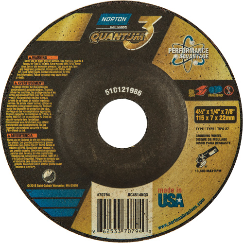 Quantum3 Grinding Wheel, 4-1/2" x 1/4", 7/8" Arbor, Ceramic Alumina, Type 27 Distribution Industrielle GC