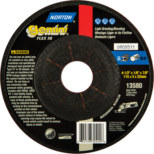 Gemini&reg; Flexible Mini Disc Depressed Centre Wheel, 4-1/2" x 1/8", 7/8" Arbor, Aluminum Oxide, Type 27 Distribution Industrielle GC