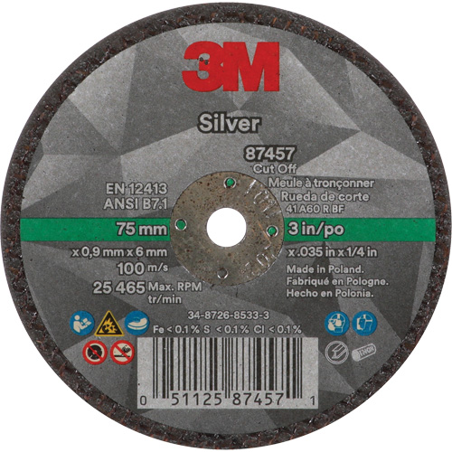 Silver Cut-Off Wheel, 3" x 0.04", 1/4"-28 Arbor, Type 1, Ceramic, 25645 RPM Distribution Industrielle GC