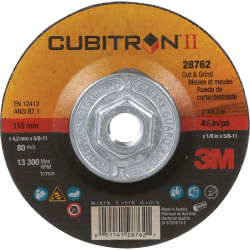 Disque de coupe et de meulage &agrave; changement rapide Cubitron II, 4-1/2" x 1/8", Arbre de 5/8"-11, Type 27, C&eacute;ramique Distribution Industrielle GC