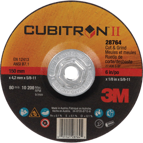 Disque de coupe et de meulage &agrave; changement rapide Cubitron II, 6" x 1/8", Arbre de 5/8"-11, Type 27, C&eacute;ramique Distribution Industrielle GC