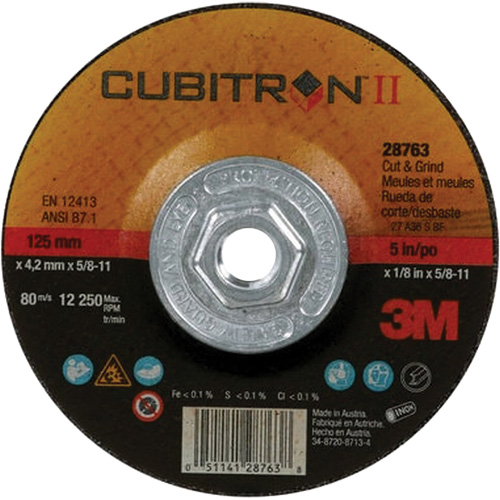 Disque de coupe et de meulage &agrave; changement rapide Cubitron II, 5" x 1/8", Arbre de 5/8"-11, Type 27, C&eacute;ramique Distribution Industrielle GC