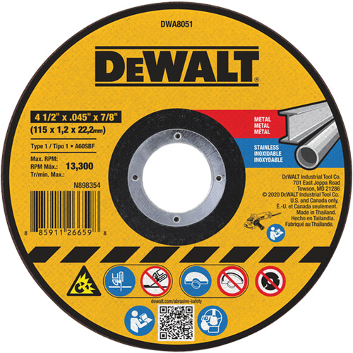 Meule de tronçonnage des m&eacute;taux, 4-1/2" x 0,045", Arbre 7/8", Oxyde d'aluminium, Type 1 Distribution Industrielle GC