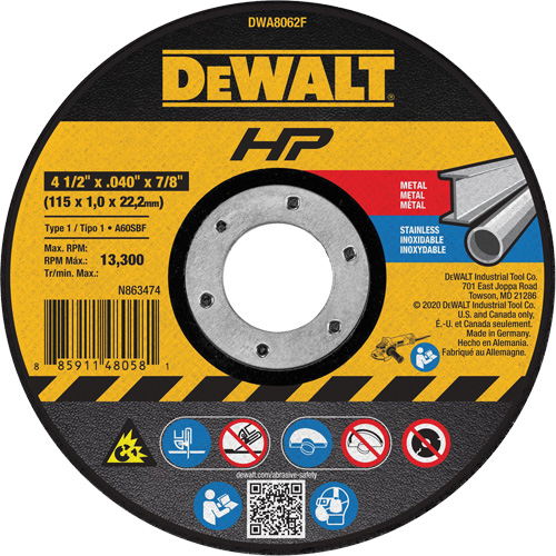 Meule de tronçonnage des m&eacute;taux HP, 4-1/2" x 0,04", Arbre de 7/8", Type 1, Oxyde d'aluminium, 13 300 Tr/min Distribution Industrielle GC