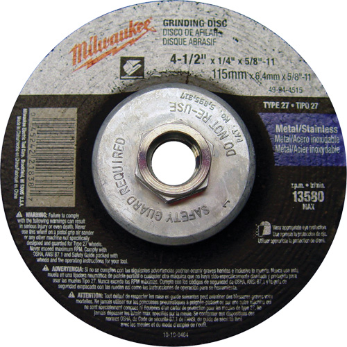 Grinding Wheel, 4-1/2" x 1/4", 5/8"-11 Arbor, Aluminum Oxide, Type 27 Distribution Industrielle GC