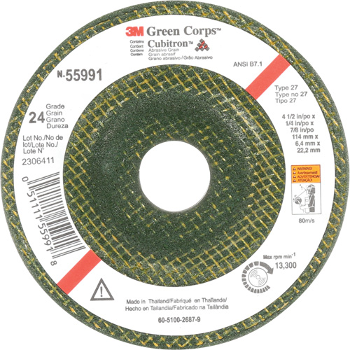 Meule &agrave; moyeu d&eacute;port&eacute; Green Corps, 4-1/2" x 1/4", Arbre 7/8", C&eacute;ramique, Type 27 Distribution Industrielle GC