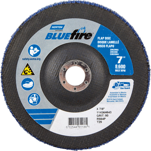 Disque &agrave; lamelles &agrave; grain grossier BlueFire, 7" x 7/8", Type 27, Grain 80, Alumine de zirconium Distribution Industrielle GC