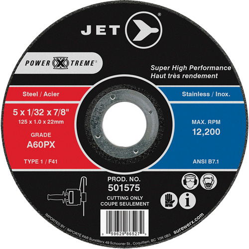 Meule &agrave; tronçonner Power-Xtreme A60PX, 5" x 1/32", Arbre de 7/8", Type 1, 12 200 Tr/min Distribution Industrielle GC