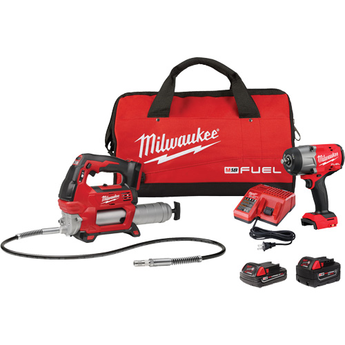 Ensemble de cl&eacute; &agrave; chocs &agrave; couple &eacute;lev&eacute;, anneau &agrave; friction et pistolet graisseur M18 Fuel, Lithium-ion, 18 V Distribution Industrielle GC