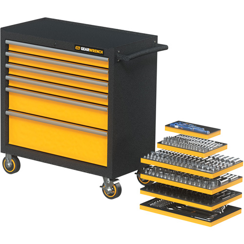 Jeu d'outils m&eacute;triques pour m&eacute;canicien MEGAMOD dans des plateaux en mousse modulaire avec armoire roulante &agrave; outils, 358 morcea Distribution Industrielle GC