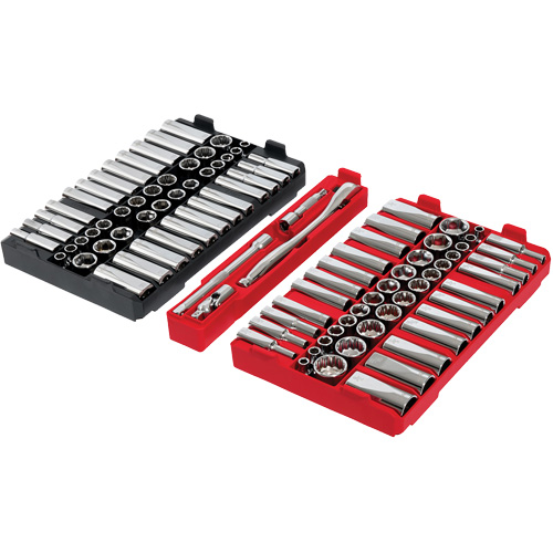 Jeu de cliquets et douilles m&eacute;triques/SAE avec organisateur PACKOUT &agrave; profil bas, 98 Mcx, Prise de 3/8" Distribution Industrielle GC