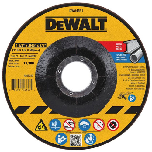 Meule &agrave; tronçonner pour m&eacute;tal, 4-1/2" x 0,045", Arbre de 7/8", Type 27, Oxyde d'aluminium Distribution Industrielle GC