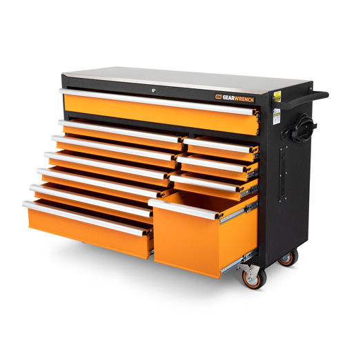 Armoire &agrave; outils roulante avec dessus de travail en acier inoxydable, 11 tiroirs, 52" la x 18" p x 36" h, Noir/Orange Distribution Industrielle GC