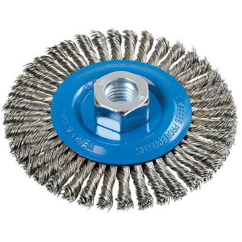 Brosse &agrave; fils nou&eacute;s pour cordons de soudure, Dia. 4-1/2", Fils 0,02", Arbre 5/8"-11, Aluminium/Acier inoxydable Distribution Industrielle GC