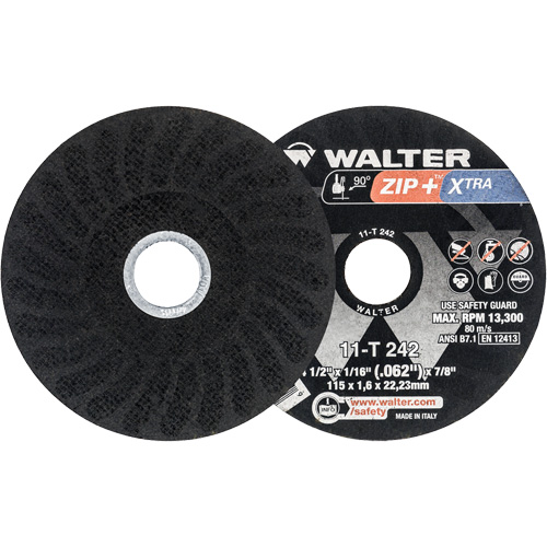 Meules &agrave; tronçonner renforc&eacute;es Zip+ pour meuleuse &agrave; angle droit, 4-1/2" x 1/16", Arbre de 7/8", Type 1, Alumine de zirconium, 13 300 Tr/min Distribution Industrielle GC