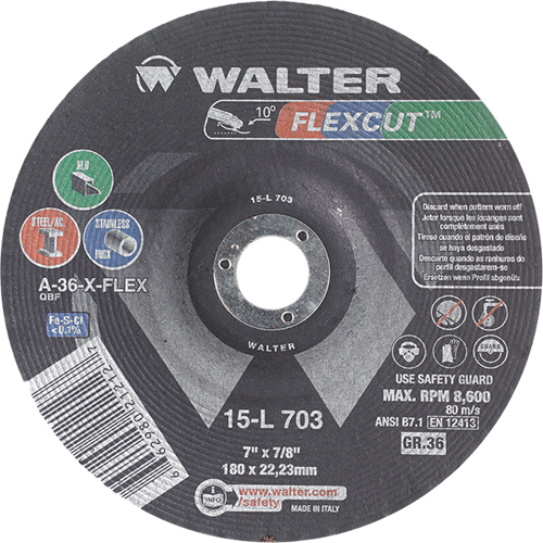 Meules &agrave; moyeu d&eacute;port&eacute; Flexcut, 7", 36 Grain, Oxyde d'aluminium, 7/8", 8600 Tr/min, Type 29 Distribution Industrielle GC