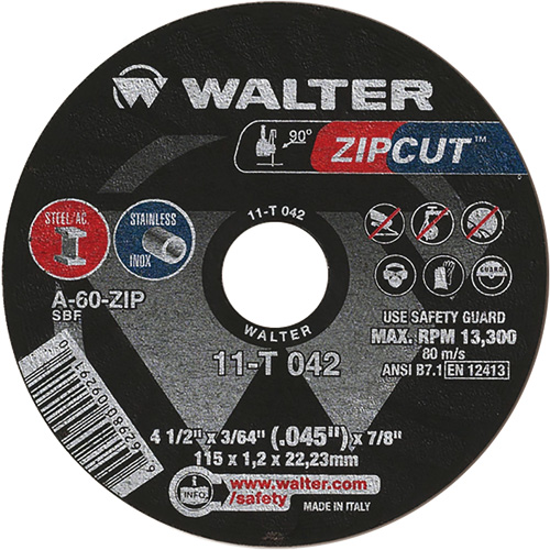 Meule &agrave; tronçonner Zipcut, 4-1/2" x 3/64", Arbre de 7/8", Type 1, Oxyde d'aluminium, 13 300 Tr/min Distribution Industrielle GC