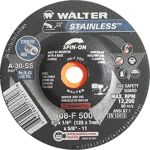 Meules &agrave; moyeu d&eacute;port&eacute; - Acier inoxydable type 27, 5" x 1/4", Arbre de 5/8"-11, Type 27S Distribution Industrielle GC