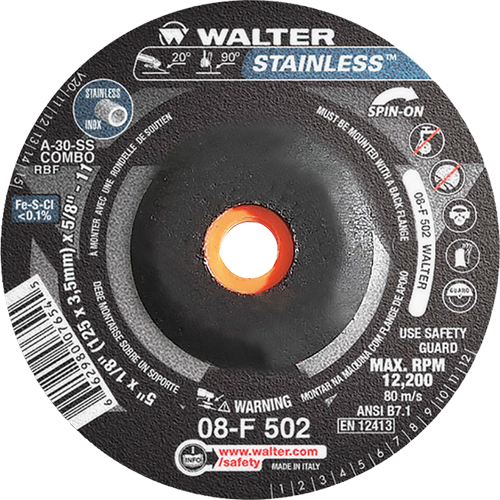 Meules &agrave; moyeu d&eacute;port&eacute; - Acier inoxydable type 27, 5" x 1/8", Arbre de 5/8"-11, Type 27S Distribution Industrielle GC