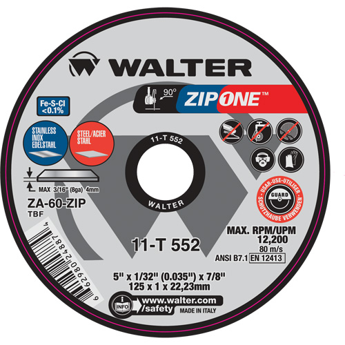 Zip One Cut-Off Wheel, 5" x 1/32", 7/8" Arbor, Type 1, Zirconia Alumina, 12200 RPM Distribution Industrielle GC