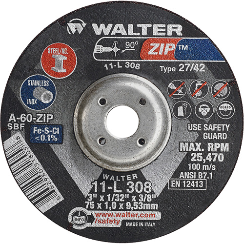 Zip Cutting and Grinding Wheel, 3" x 1/13", 3/8" Arbor, Type 27, 60 Grit, Aluminum Oxide Distribution Industrielle GC