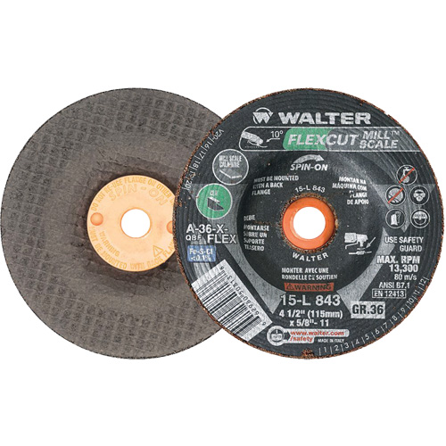 Meule FLEXCUT MILL SCALE, 4-1/2", 36 Grain, Oxyde d'aluminium, 5/8"-11, 13 300 Tr/min, Type 29 Distribution Industrielle GC