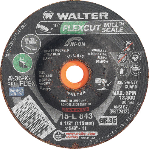 Meule FLEXCUT MILL SCALE, 4-1/2", 36 Grain, Oxyde d'aluminium, 5/8"-11, 13 300 Tr/min, Type 29 Distribution Industrielle GC