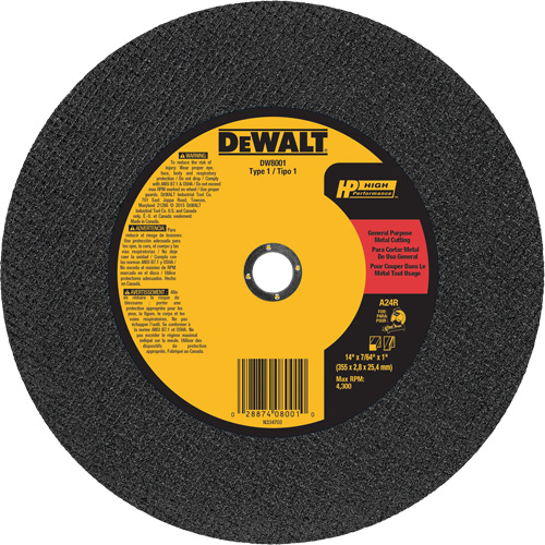 General Purpose Metal Cutting Chop Saw Wheel, 14" x 7/64", 1" Arbor, Type 1, Aluminum Oxide, 4300 RPM Distribution Industrielle GC