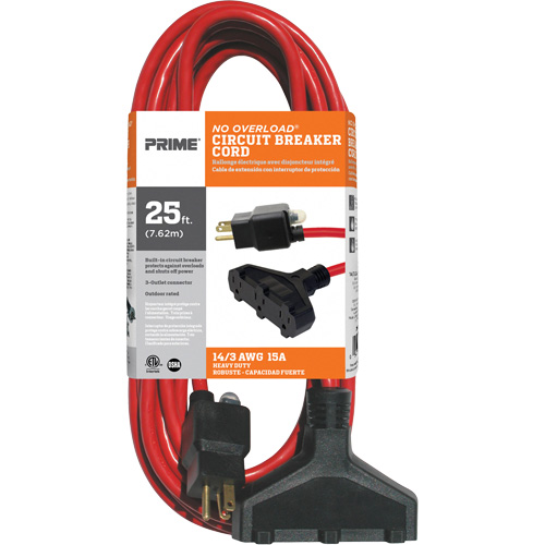 Vinyl Extension Cord, Outdoor, SJTW, 14/3 AWG, 15 A, 3 Outlet(s), 25' Distribution Industrielle GC