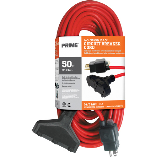 Vinyl Extension Cord, Outdoor, SJTW, 14/3 AWG, 15 A, 3 Outlet(s), 50' Distribution Industrielle GC