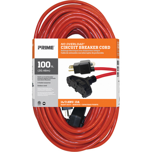 Vinyl Extension Cord, Outdoor, SJTW, 14/3 AWG, 13 A, 3 Outlet(s), 100' Distribution Industrielle GC