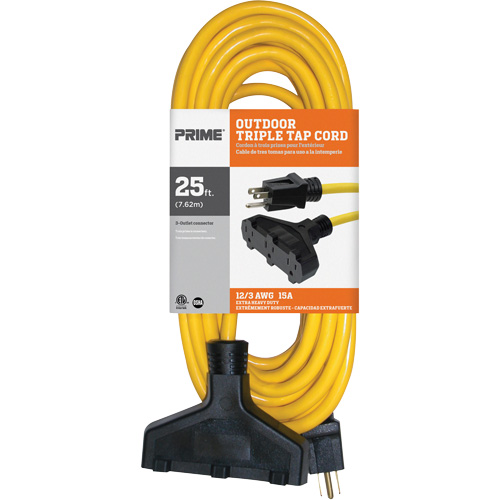 Vinyl Extension Cord, Outdoor, SJTW, 12/3 AWG, 15 A, 3 Outlet(s), 25' Distribution Industrielle GC